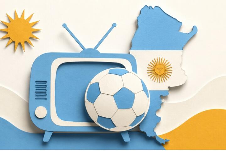 Ilustración paper-cut de un televisor con una pelota de fútbol y un mapa de Argentina