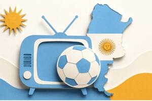 Ilustración paper-cut de un televisor con una pelota de fútbol y un mapa de Argentina