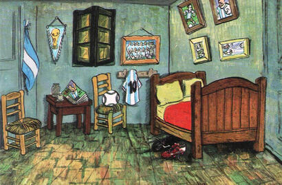 “La habitación... futbolizada”. Ilustración de Eduardo Maicas en 100 x 100 mundiales. Postales de las copas de Juan José Panno. Bs. As. Editorial Colihue. 2014.